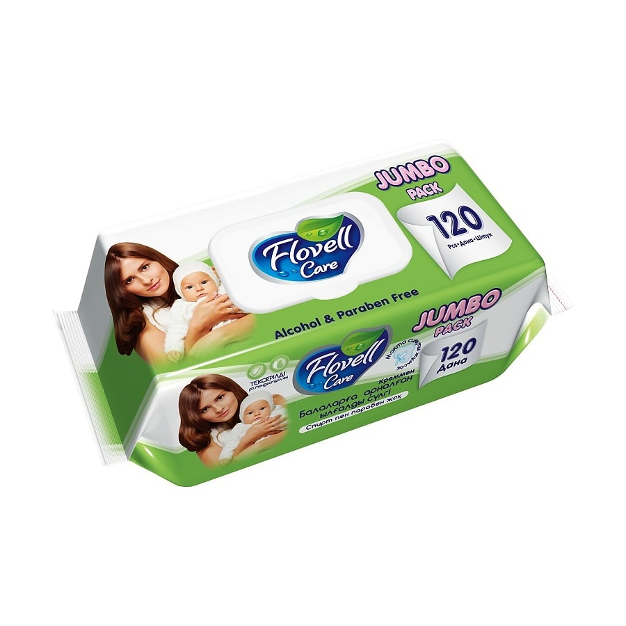 Салфетки влажные Flovell Care Classic зеленые 120 шт.